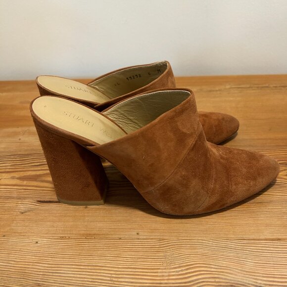 Stuart Weitzman Camel Suede Block Heel Mules | Leather Soles | Made in Spain - Picture 3 of 9